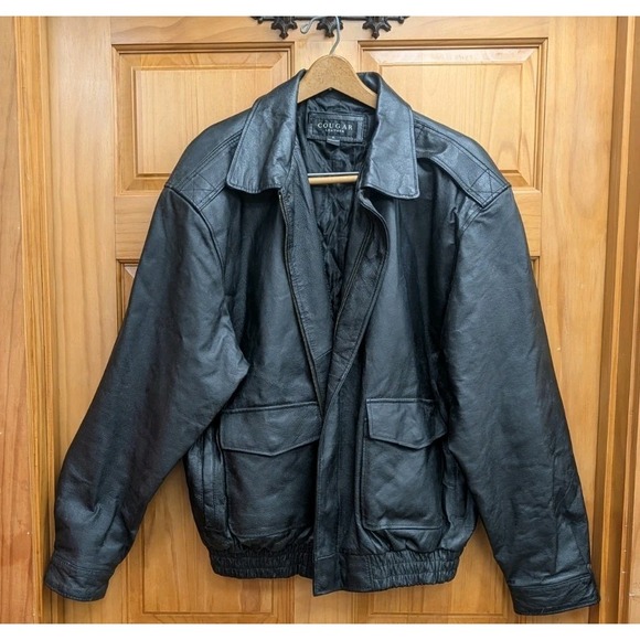 Cougar Jackets & Blazers - Cougar Leather Men's XL Coat Pockets Black Bomber Biker Jacket